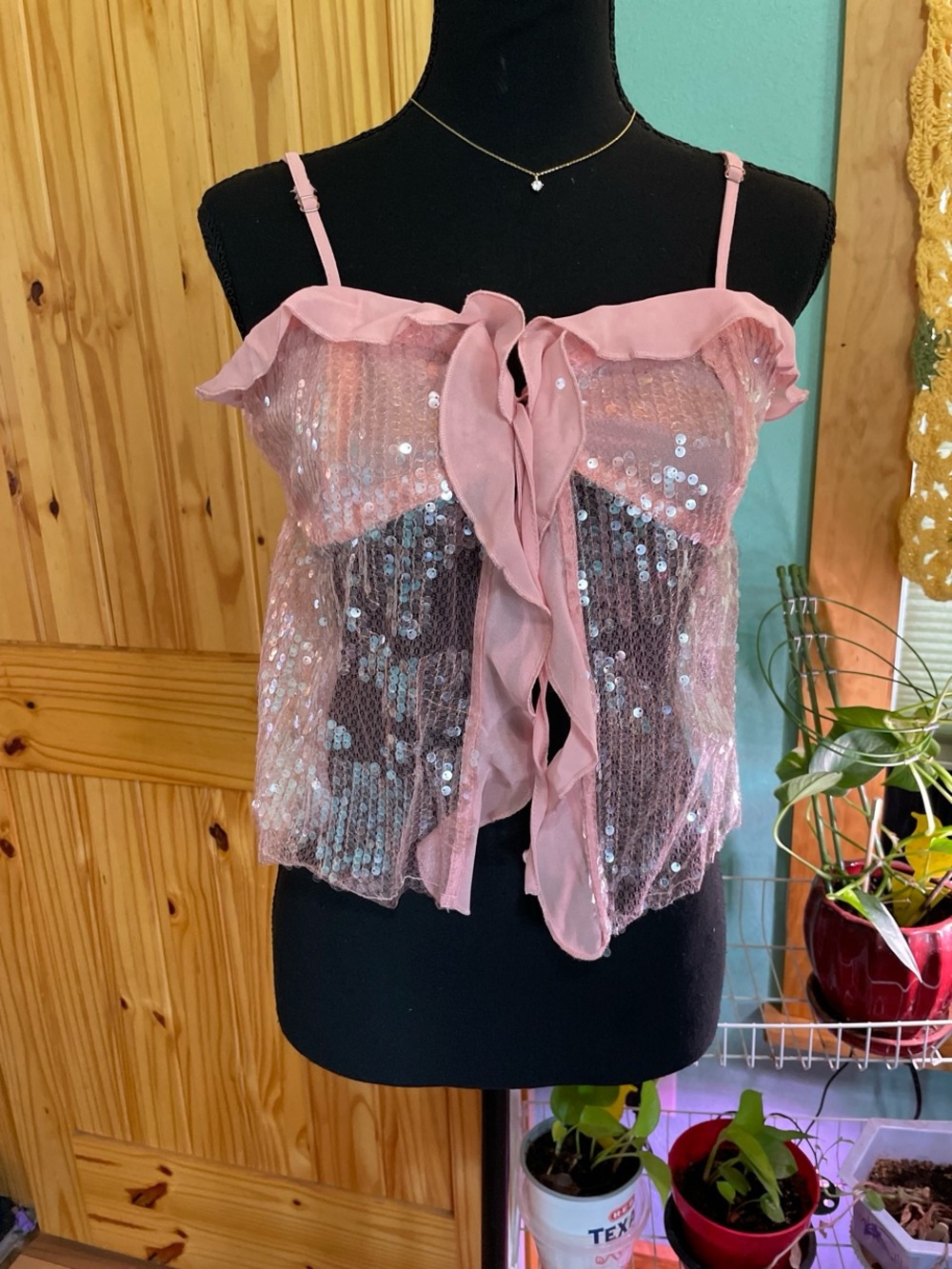 Pink Sequin Ruffle Tie-Front Women's Top